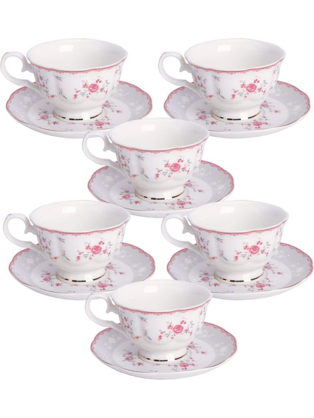 Vintage Pink Rose Porcelain Tea Cup & Saucer Set for 6 - Elegant Tea Party Set